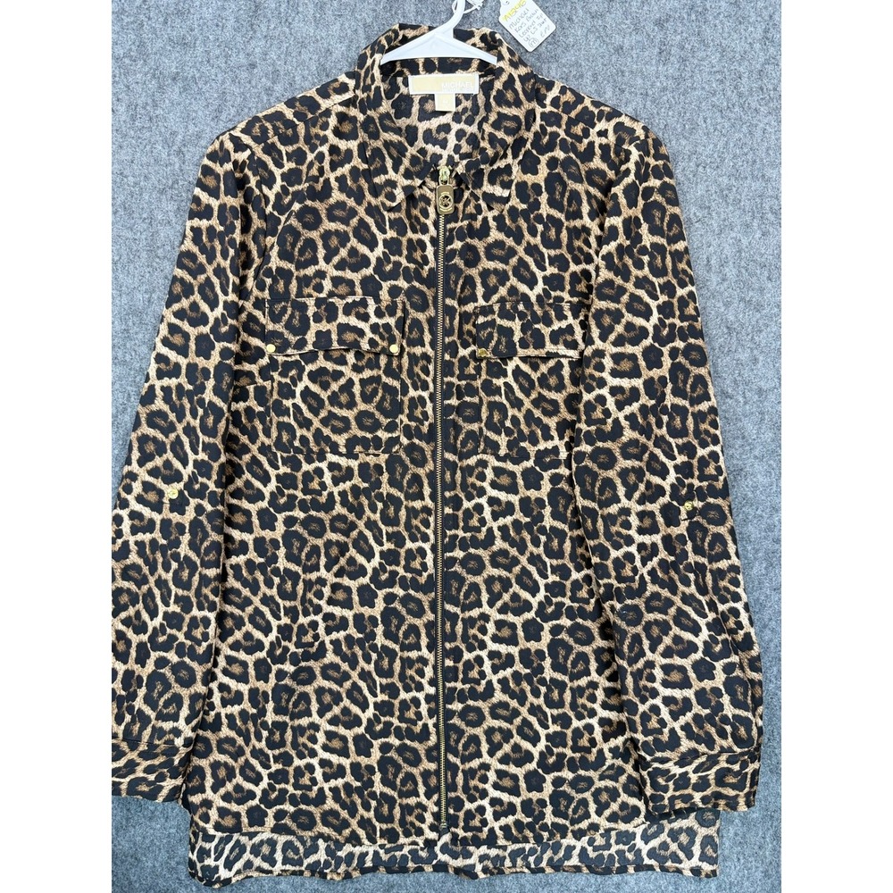 Michael Michael Kors Leopard Print Zip Front Roll Tab Sleeve Blouse Medium
